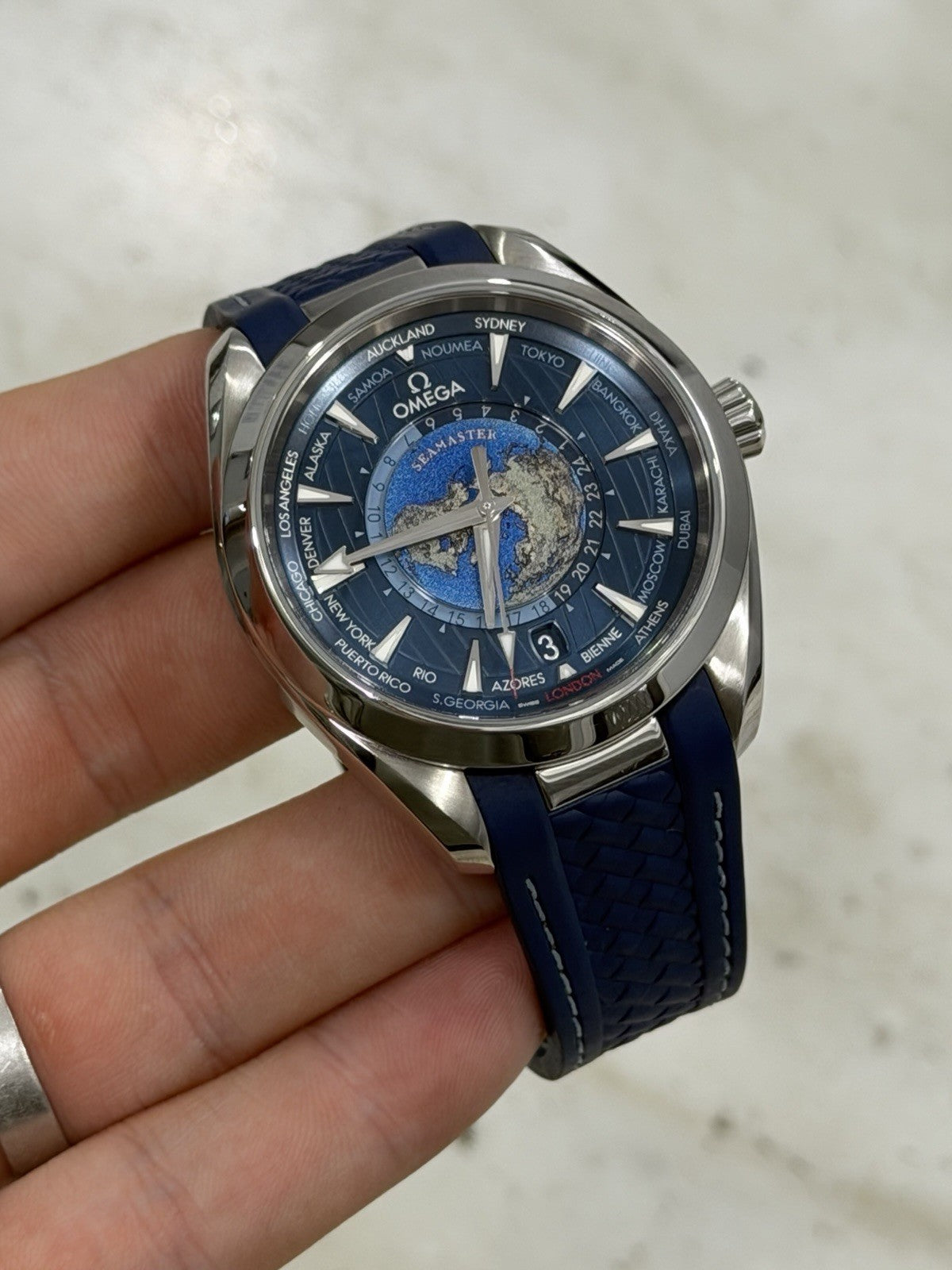 Omega Seamaster Aqua Terra Worldtimer Blue Dial GMT Watch 220.12.43.22.03.001