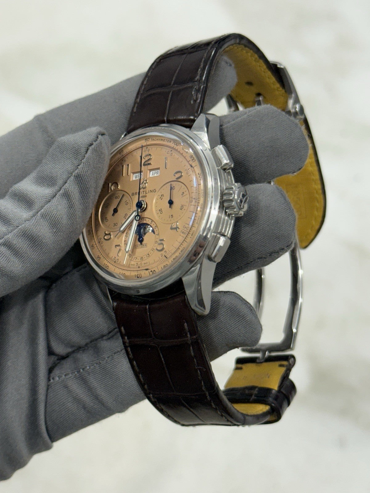 Breitling B25 Datora 42mm Premier Chronograph Calendar Moonphase Salmon AB2510