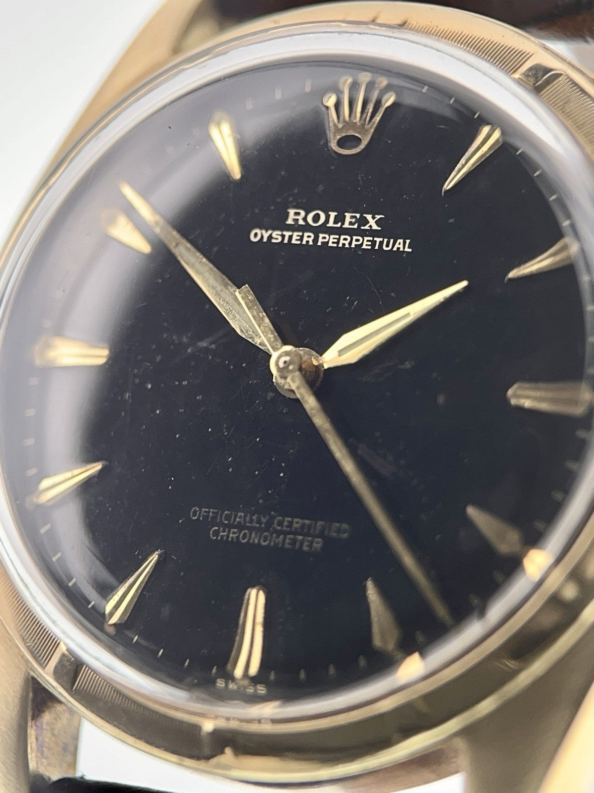 Rolex Oyster Perpetual 14k Gold Black Dial 34mm Automatic Men’s Watch 6084