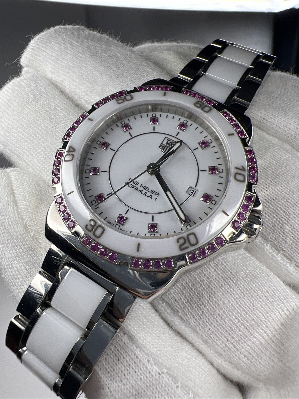 TAG Heuer Formula 1 WAH1319  Pink White Ceramic & Steel Quartz 31mm Date Watch
