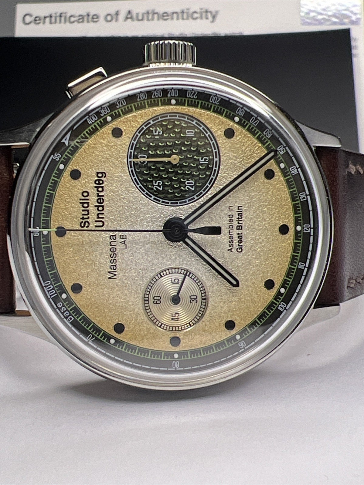 Studio Underdog Massena LAB Champagne Caviar 38.5mm Chronograph Watch Box Papers
