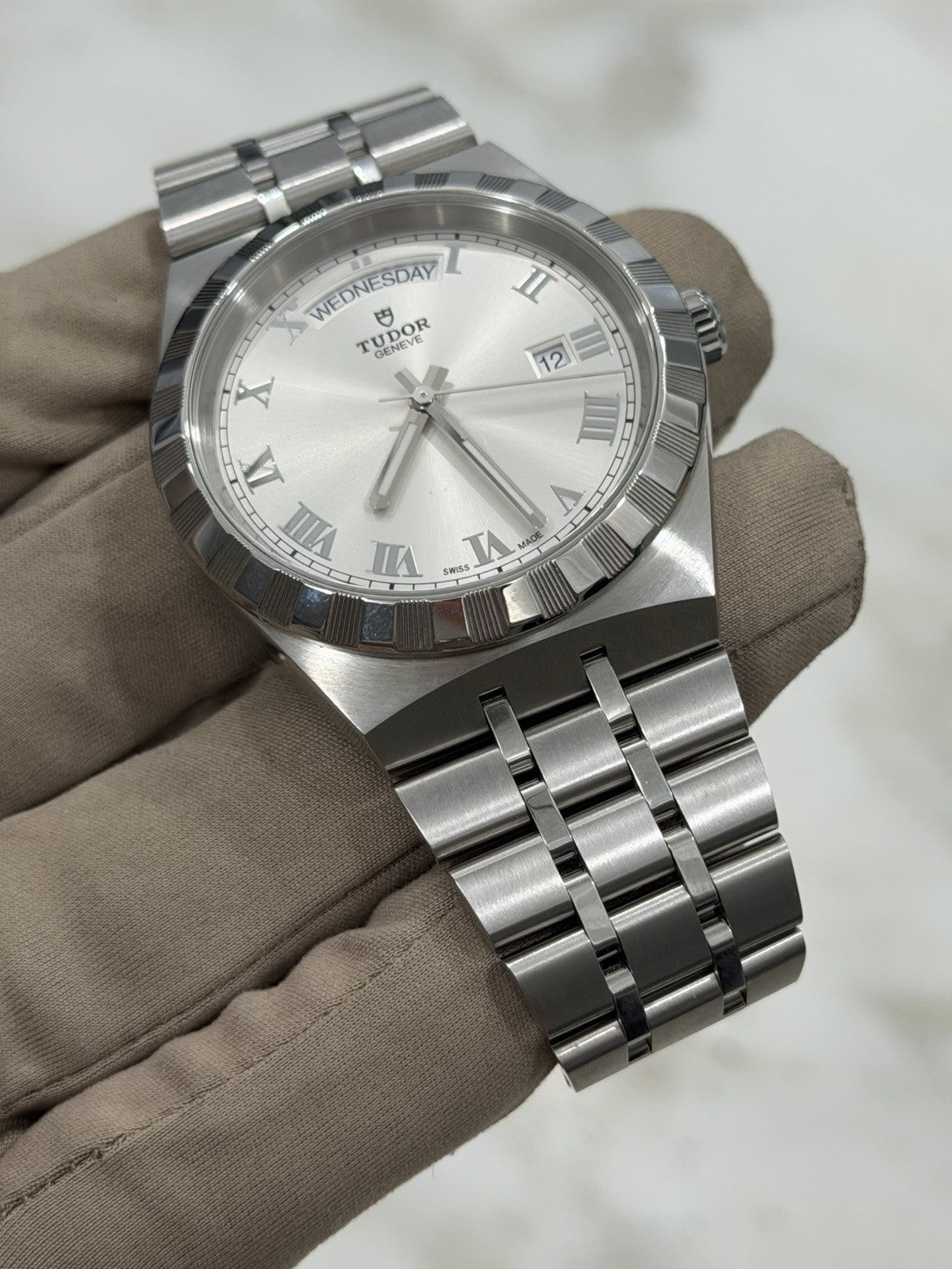 Tudor Royal Silver Roman Day Date Stainless Steel Men's Automatic Watch 28600