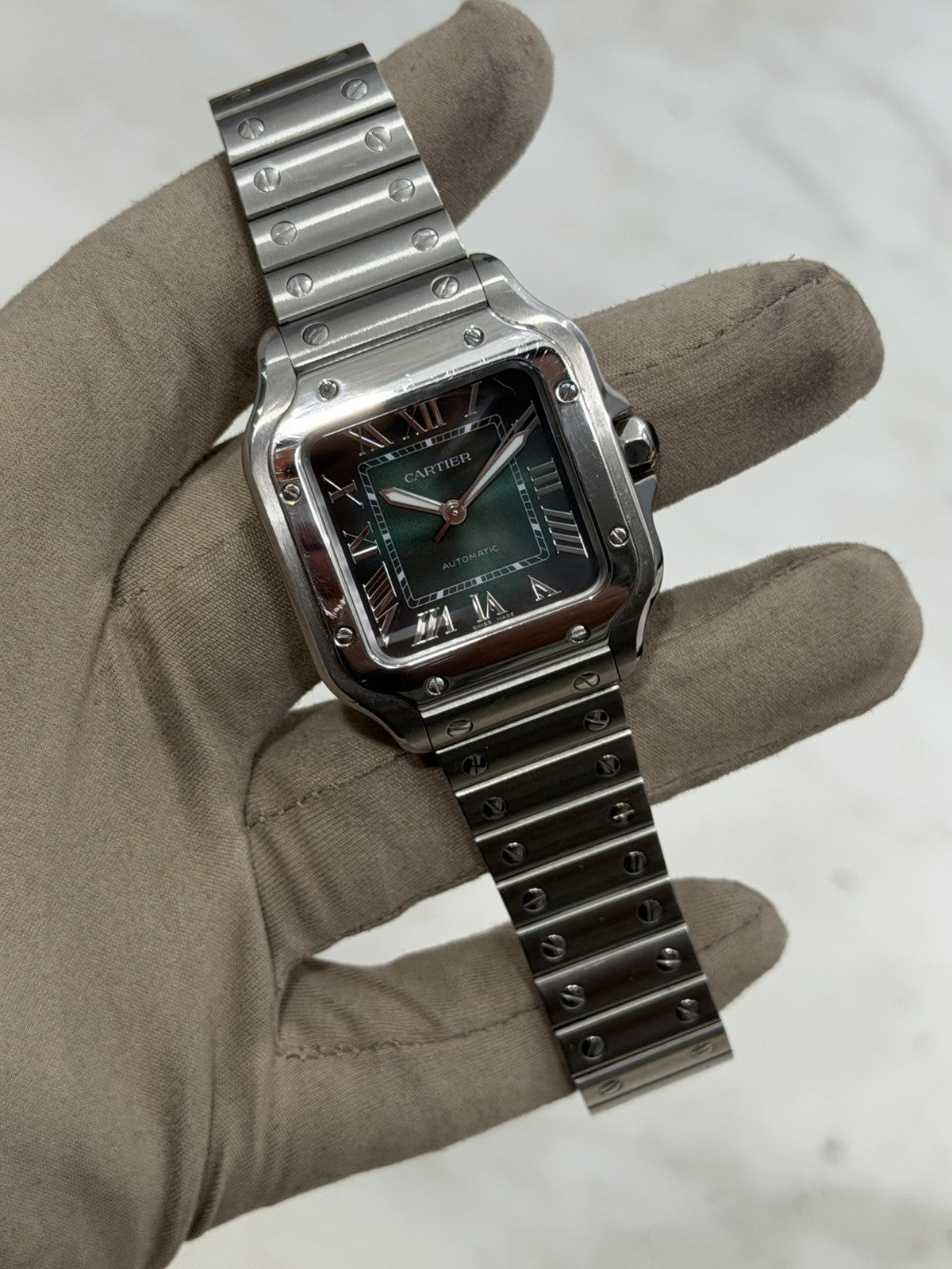 Cartier Santos Stainless Steel Green Dial 35mm Automatic Mens Watch WSSA0061