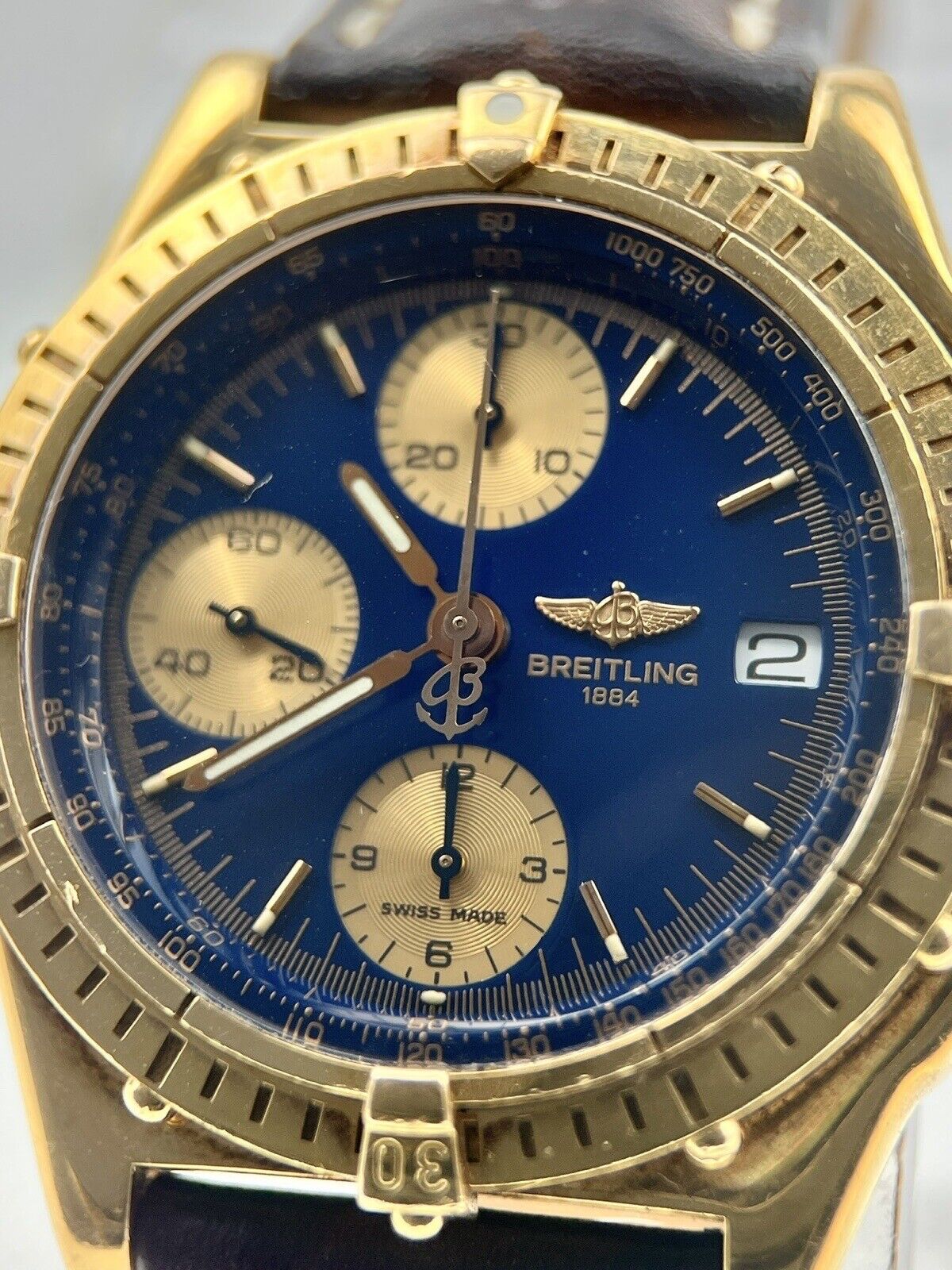 Breitling Chronomat 39mm Automatic Blue Dial 18k Gold Date Watch H13048