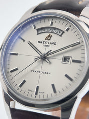 Breitling Transocean Day Date Steel Silver Dial 43mm Automatic Mens Watch A45310