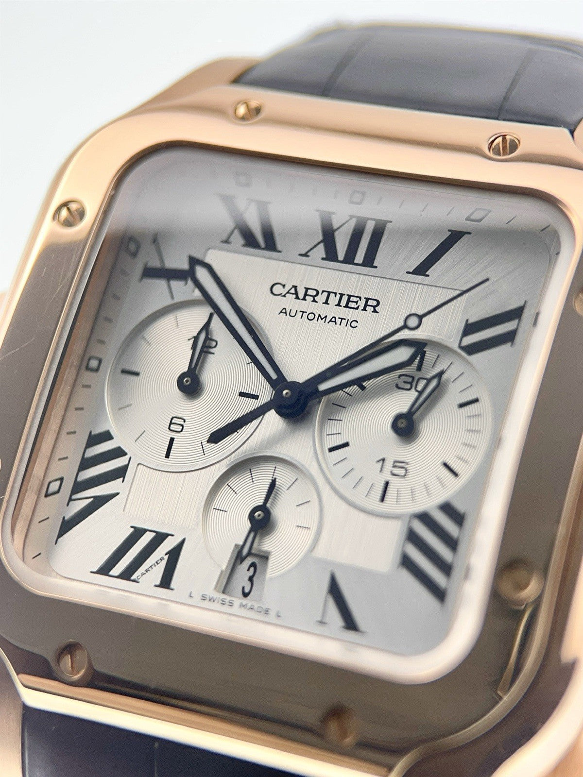 Cartier Santos 18k Rose Gold Silver Dial 43.3mm Automatic Men’s Watch WGSA0017