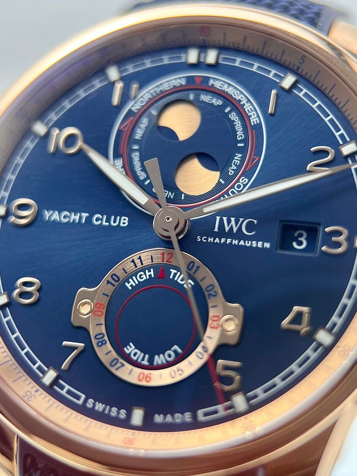 IWC Portugieser Yacht Club Moon & Tide Automatic Blue Dial Mens 18K Gold Watch