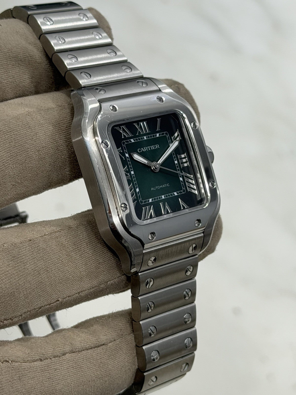 Cartier Santos Stainless Steel Green Dial 35mm Automatic Mens Watch WSSA0061