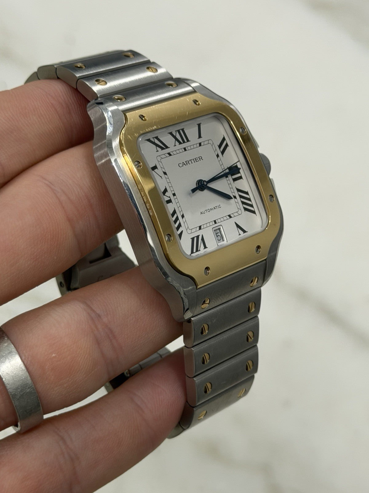 Cartier Santos Silver Dial Gold & Steel 39x47mm Automatic Mens Watch W2SA0009