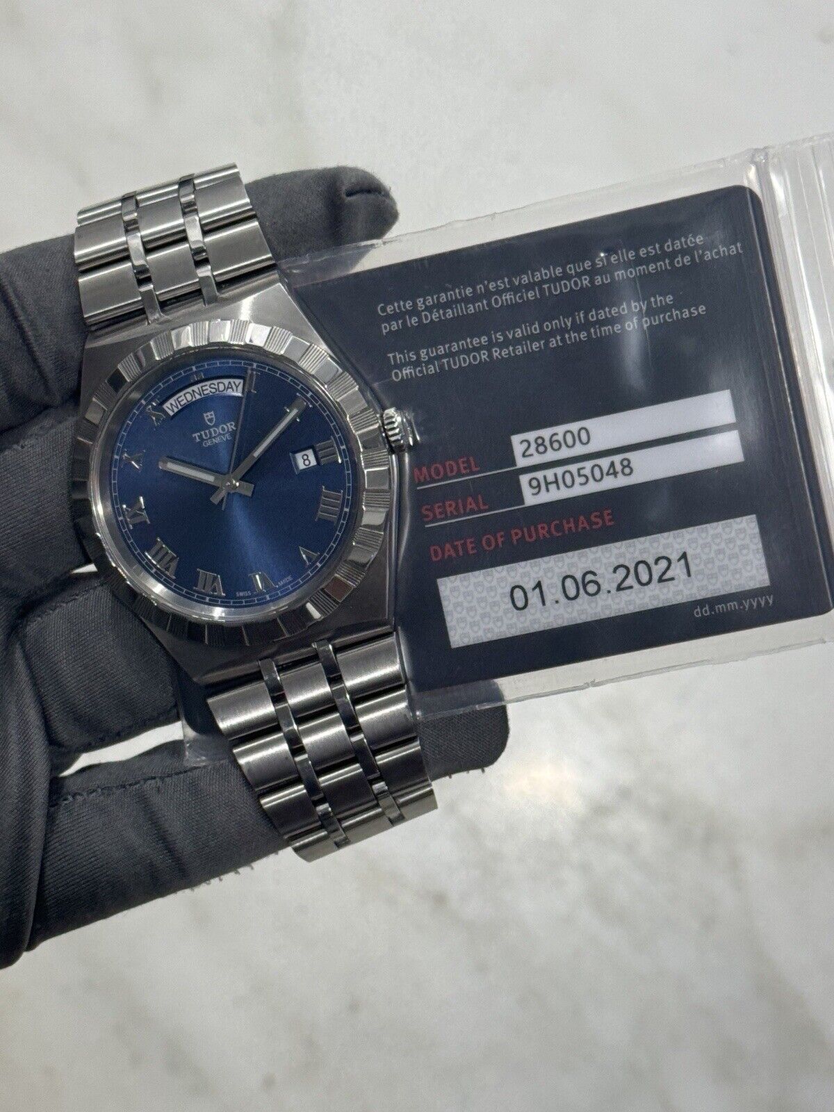 TUDOR Royal Blue Roman Day Date Stainless Steel Men's Automatic Watch 28600