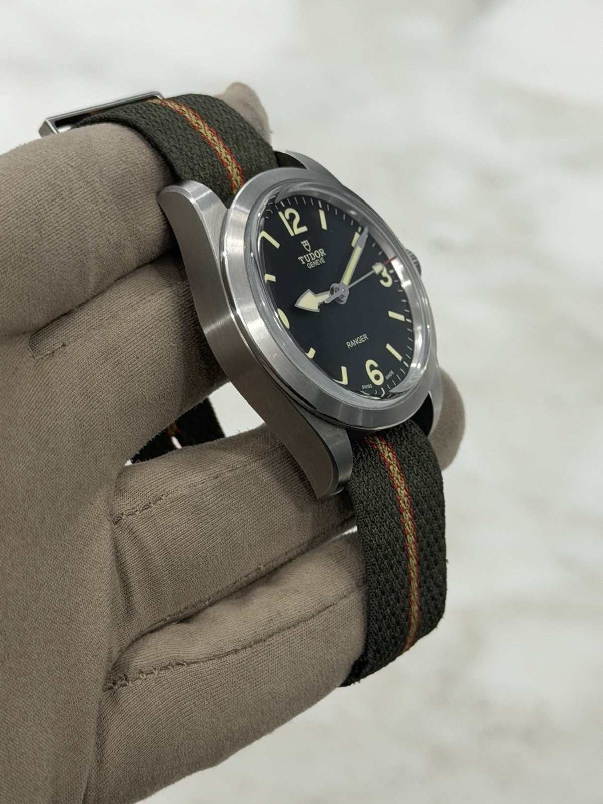 Tudor Ranger Stainless Steel Black Dial Fabric Strap Mens Watch 79950