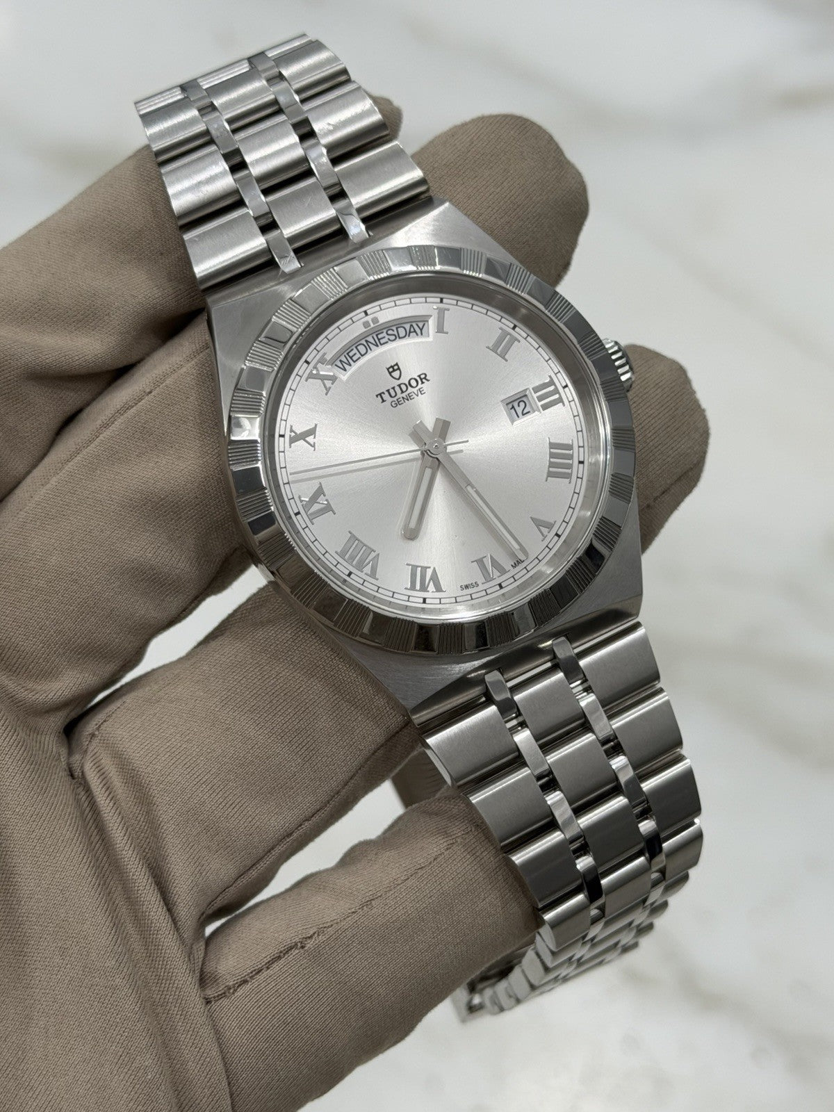 Tudor Royal Silver Roman Day Date Stainless Steel Men's Automatic Watch 28600