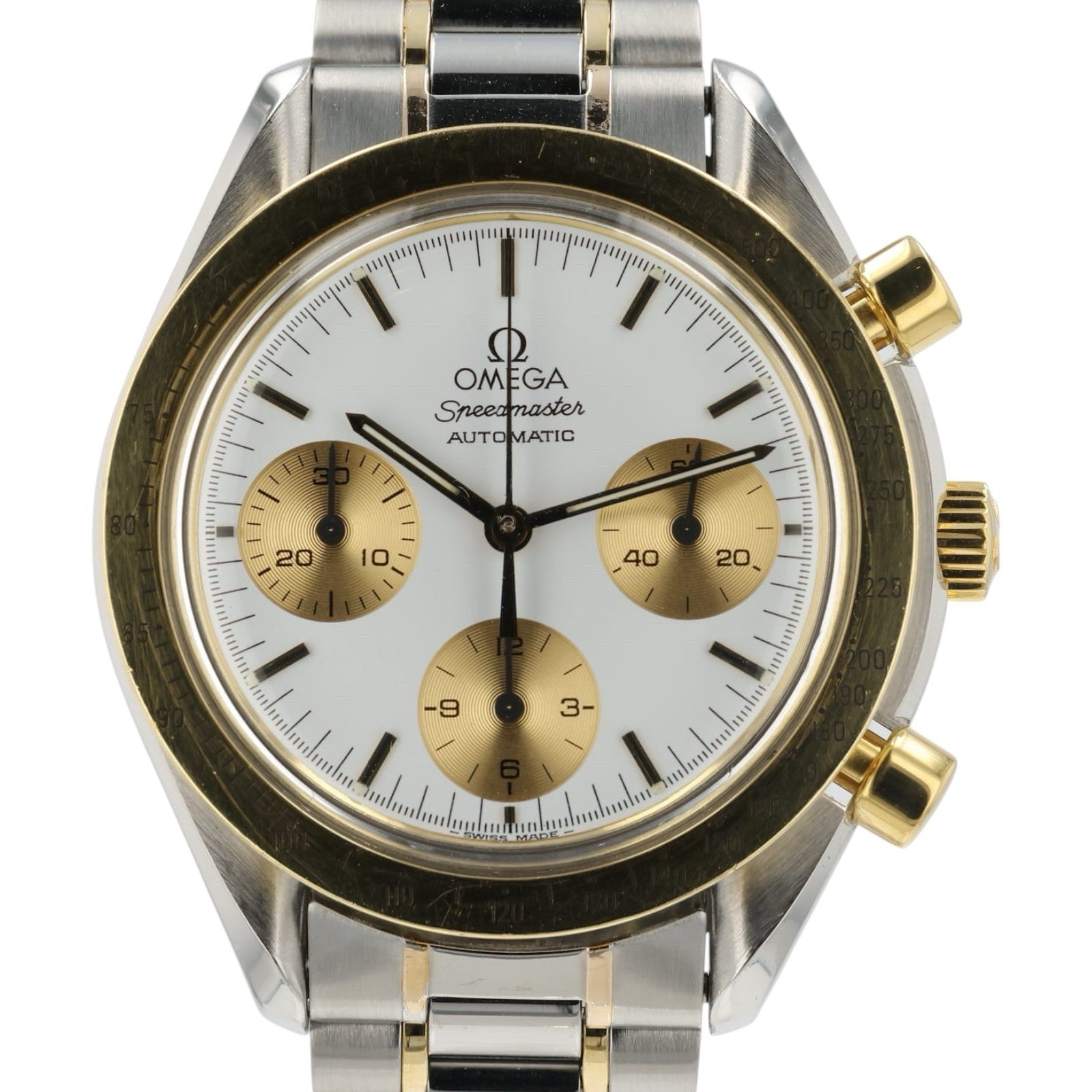 Omega Speedmaster Reduced White Dial 18k Yellow Gold & Steel 39mm Mens 175.0033