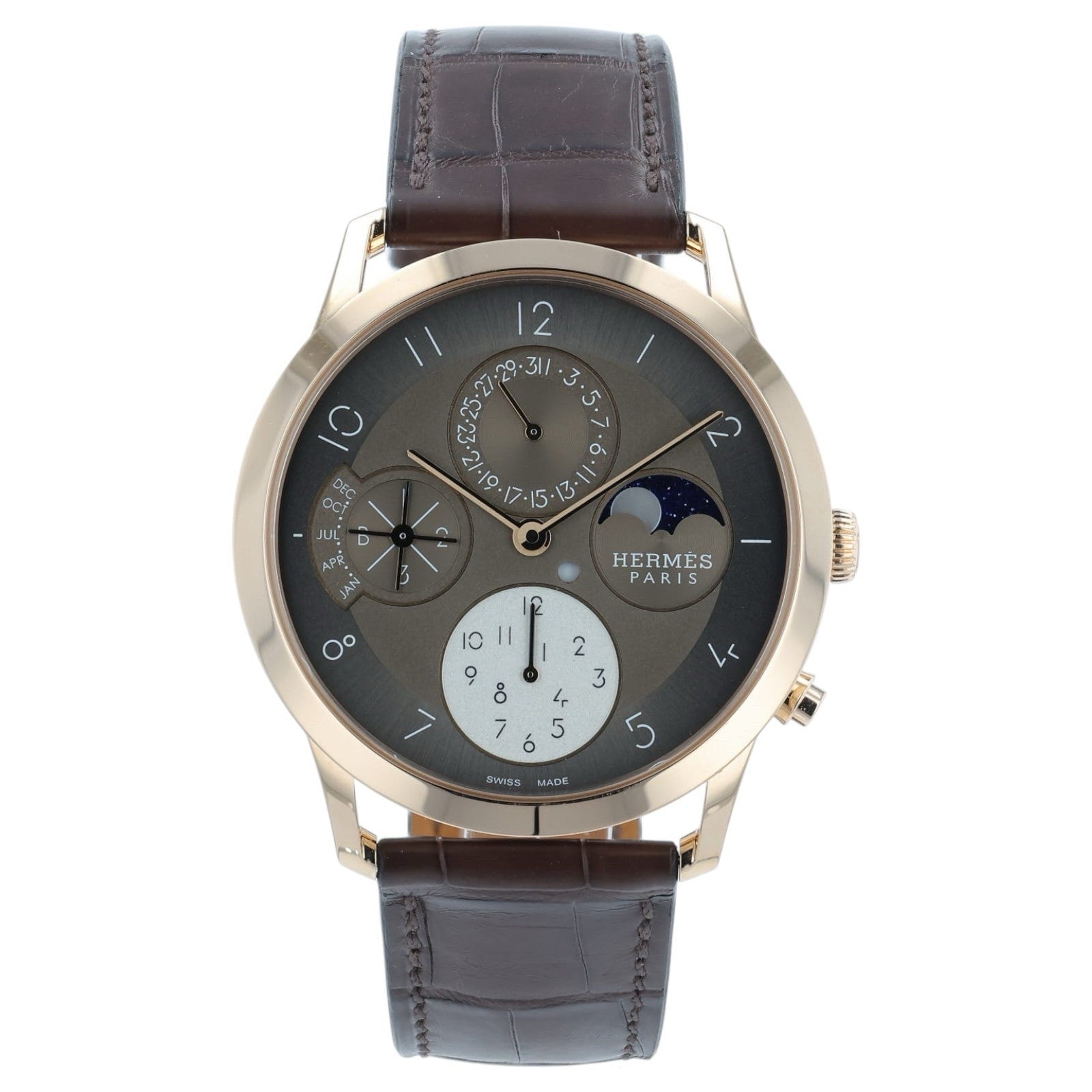 NEW Hermes Quantieme 18k Rose Gold Brown Dial 39.5mm Automatic Watch 408038WW00