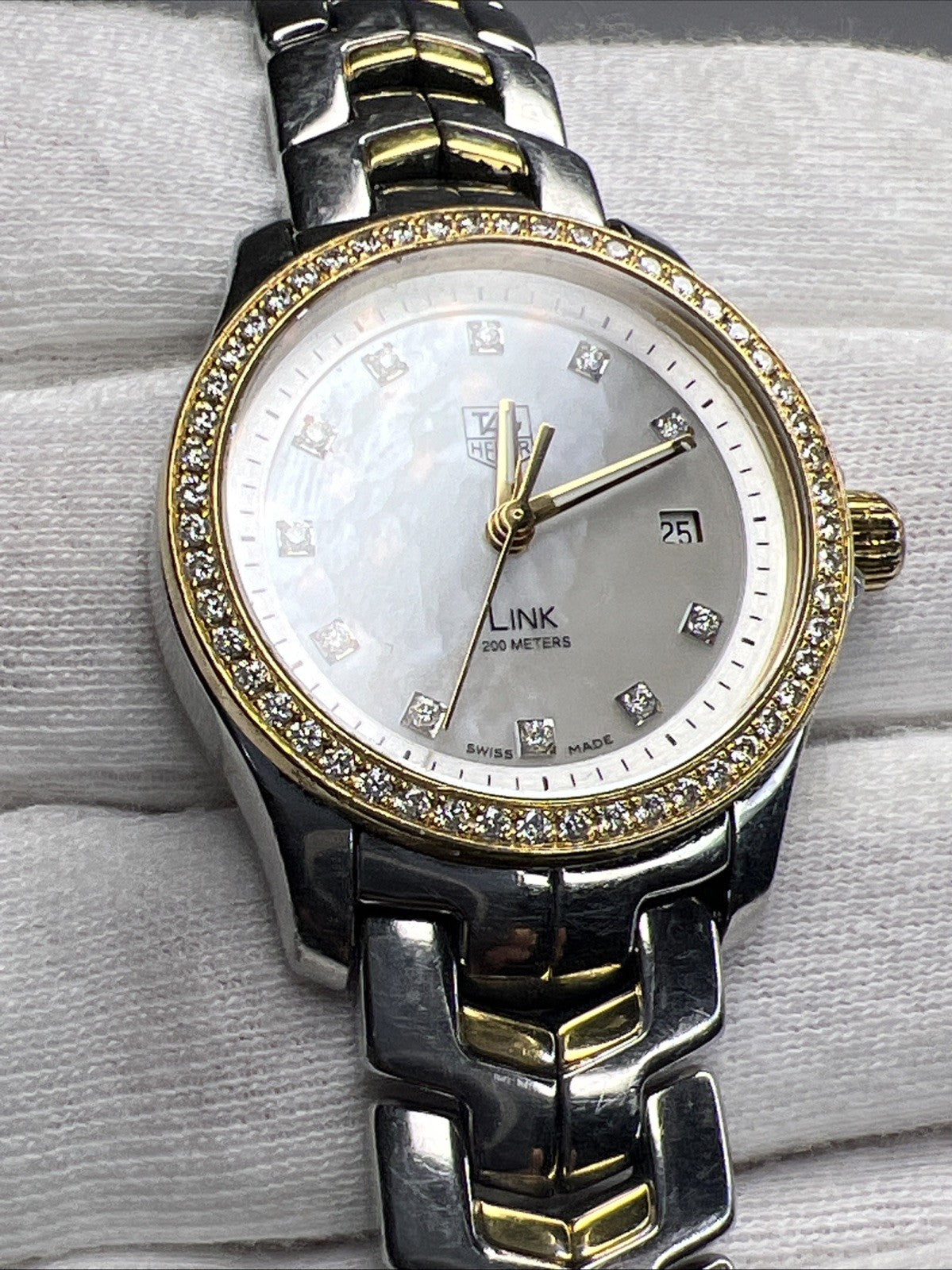 TAG Heuer Ladies Link Quartz Date Watch WJF1354 MOP Dial Diamond Bezel 27mm