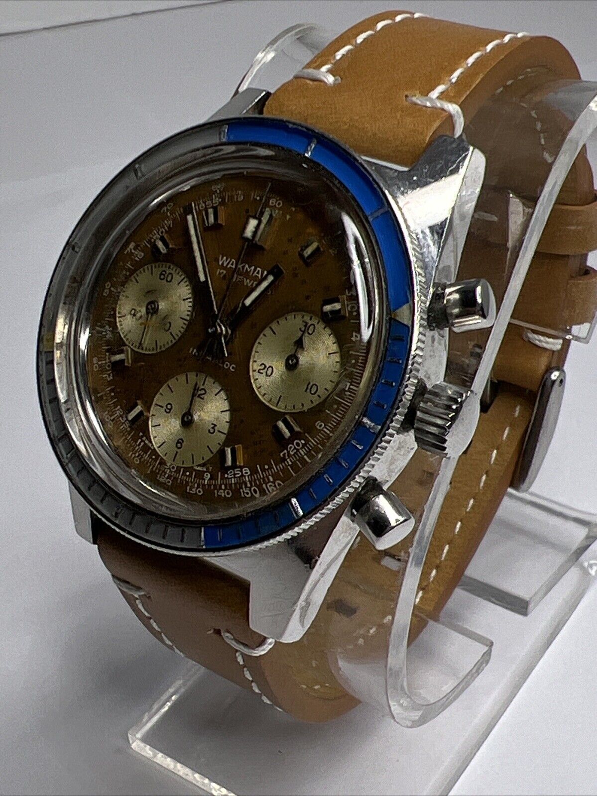 Vintage Wakmann Men’s Watch Chronograph Mechanical Wind Unique Patina Dial