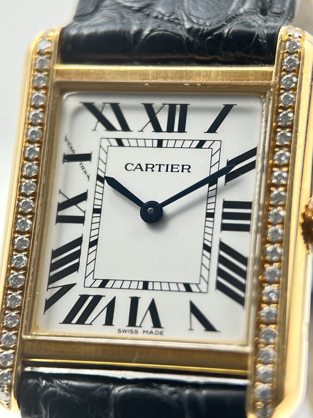 Cartier Tank Solo 2743 Quartz 18k Yellow Gold Watch 31mm Diamond Bezel