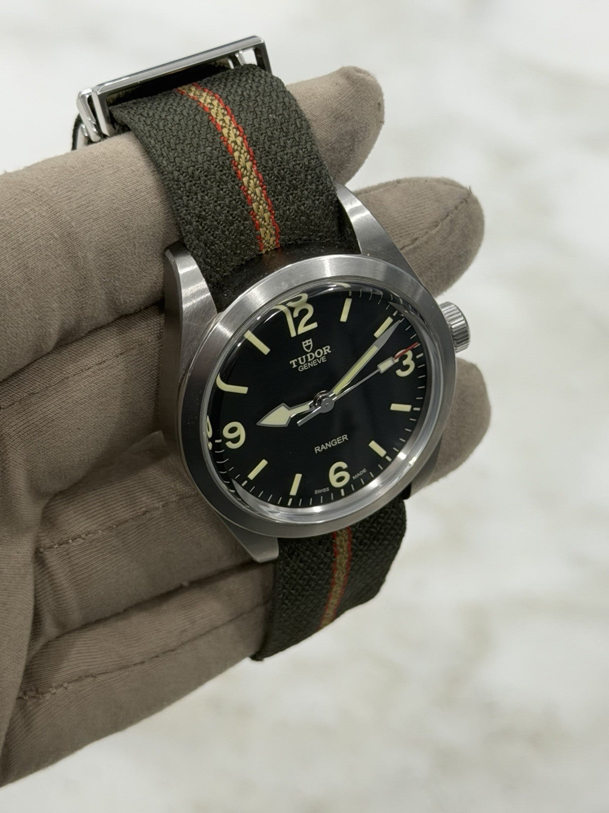 Tudor Ranger Stainless Steel Black Dial Fabric Strap Mens Watch 79950