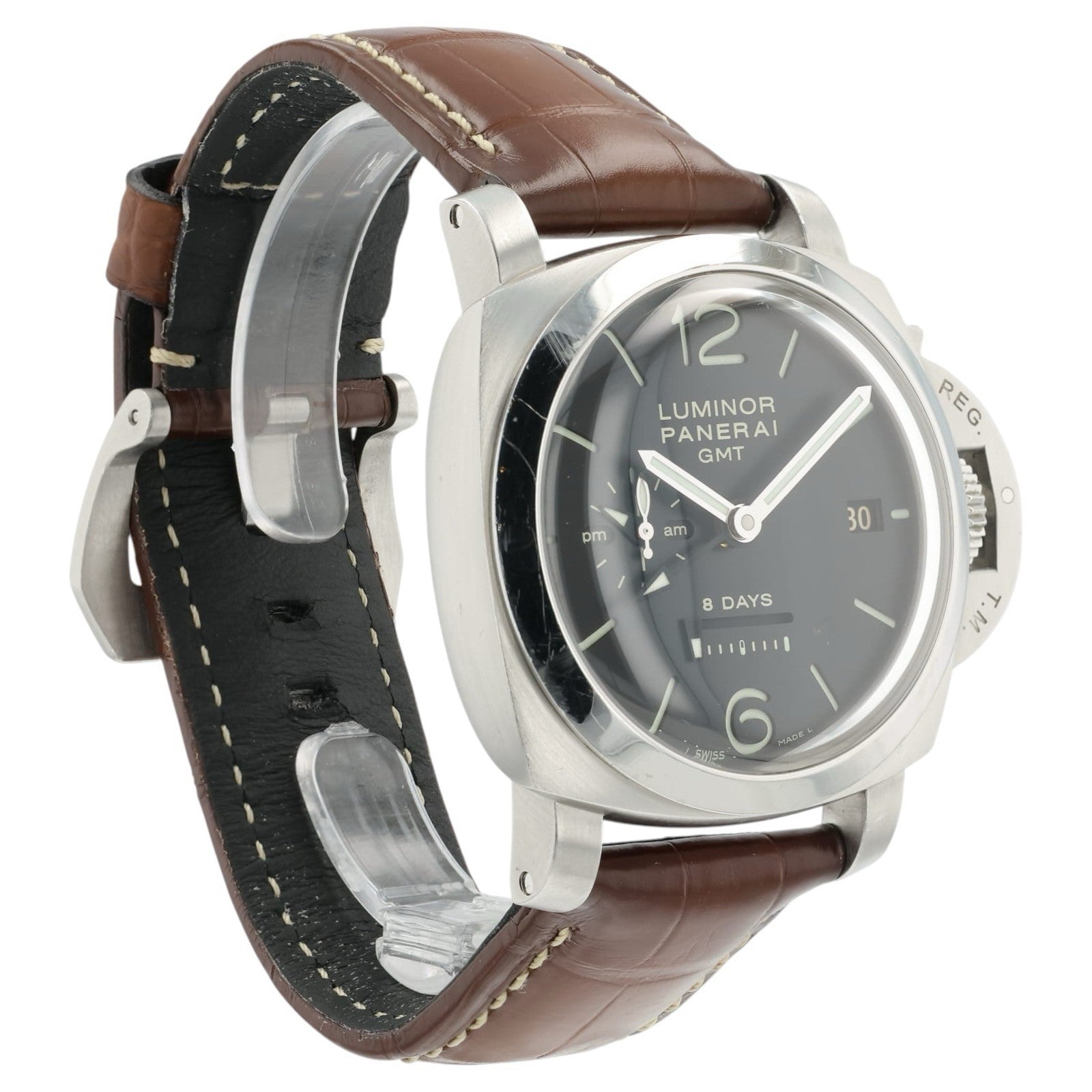 Panerai Luminor 8 Days GMT Black Dial Steel 44mm Manual Wind Mens Watch PAM00233