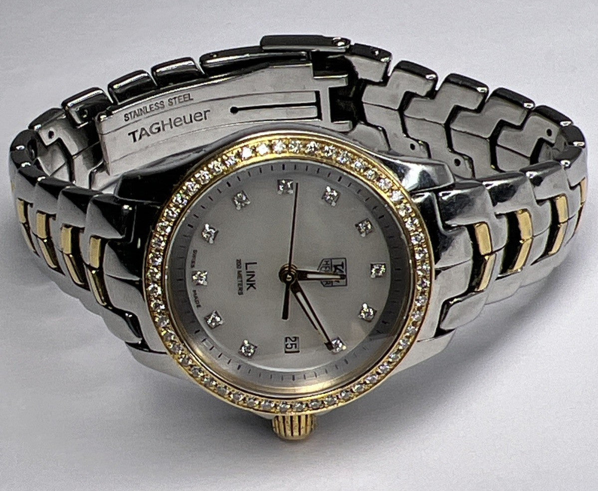 TAG Heuer Ladies Link Quartz Date Watch WJF1354 MOP Dial Diamond Bezel 27mm