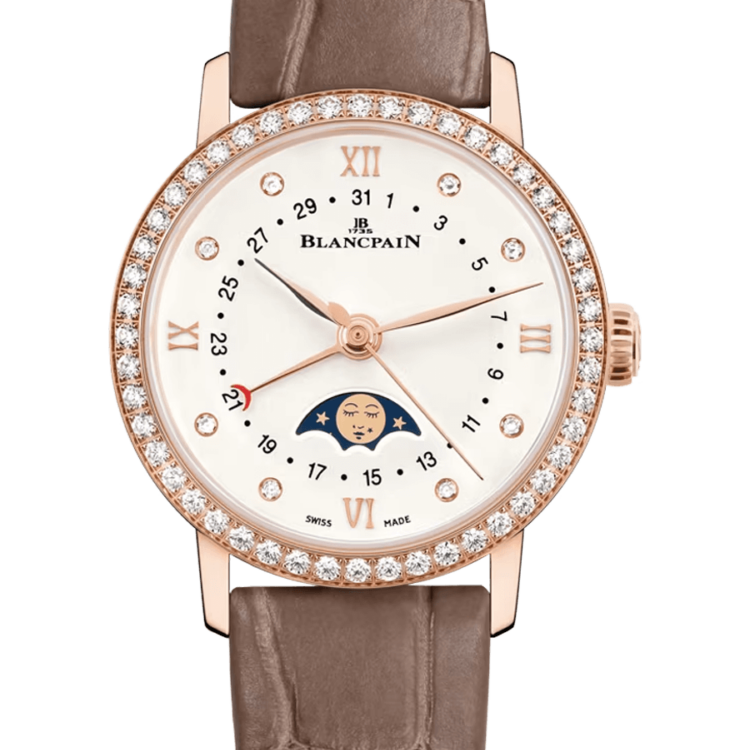 Blancpain Villeret Quantieme Phases de Lune Taupe Alligator Diamond Ladies Watch - 6106 2987 55A