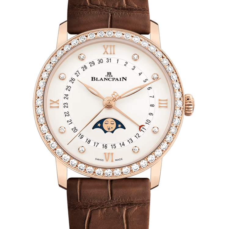 Blancpain Villeret Quantieme Phase de Lune Brown Alligator Diamond Ladies Watch - 6126 2987 55B