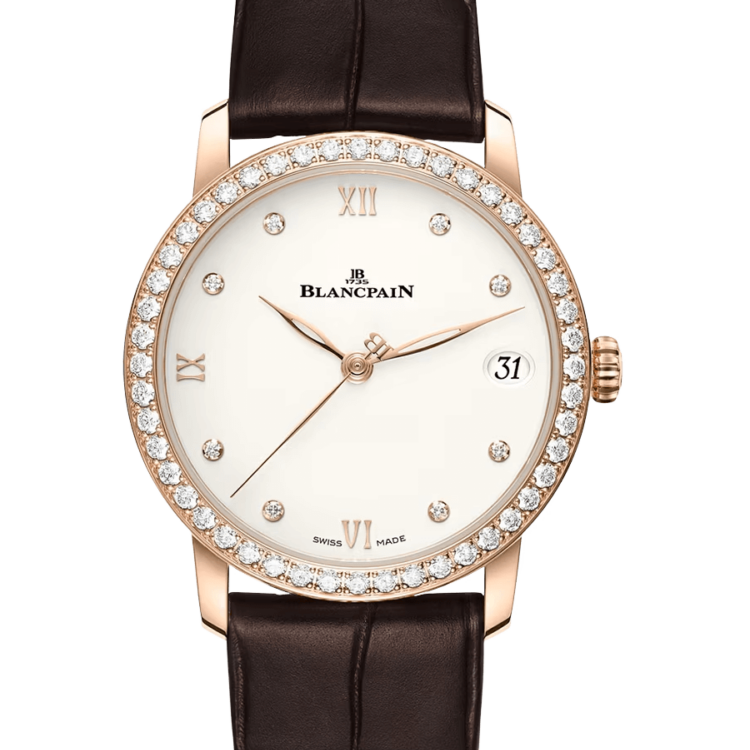 Blancpain Villeret Women Date Red Gold Diamond Ultra-Slim Alligator Ladies Watch - 6127 2987 55B