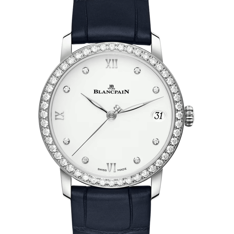 Blancpain Villeret Women Date Ultra-Slim Diamond Blue Alligator Ladies Watch - 6127 4628 55B