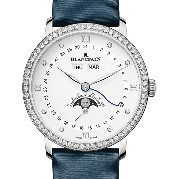 Blancpain Villeret Quantieme Complet Steel Diamond Blue Satin Ladies Watch - 6264 4628 95A