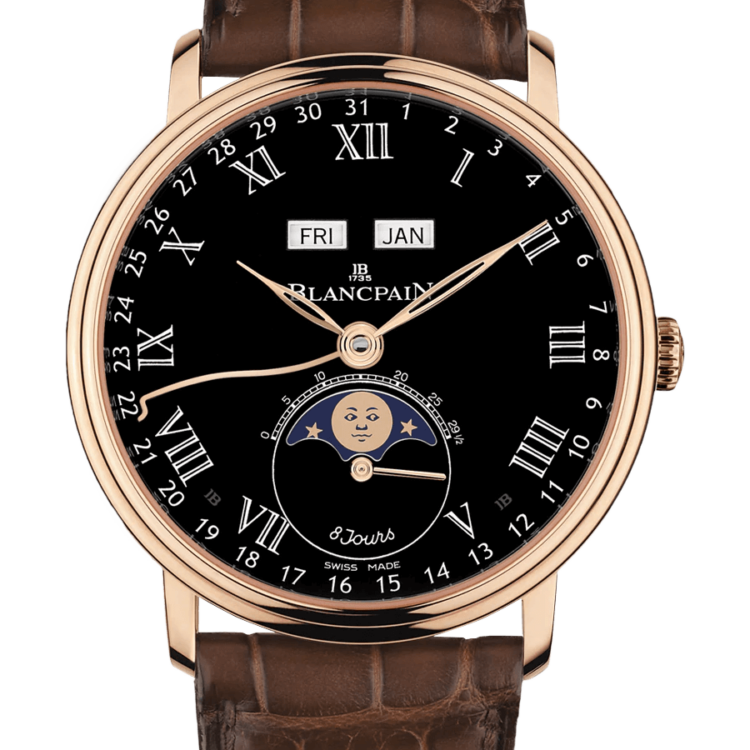 Blancpain Villeret Quantieme Complet 8 Jours Black Red Gold Alligator Men's Watch - 6639 3637 55B