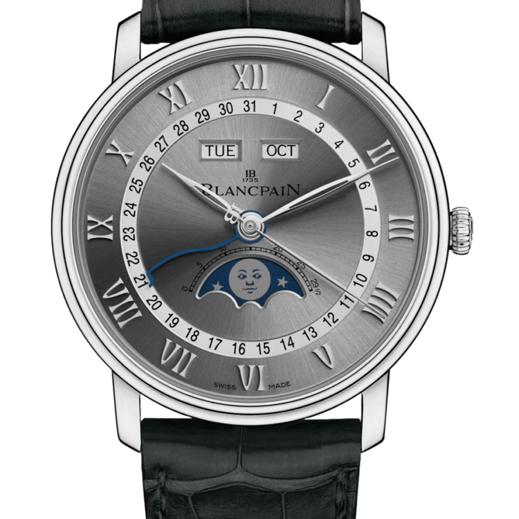 Blancpain Villeret Quantieme Complet Steel Grey Black Alligator Men's Watch - 6654 1113 55B