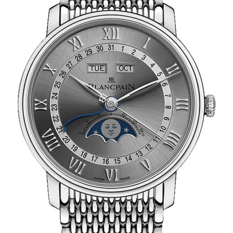 Blancpain Villeret Quantieme Complet Grey Mille Mailles Steel Men's Watch - 6654 1113 MMB