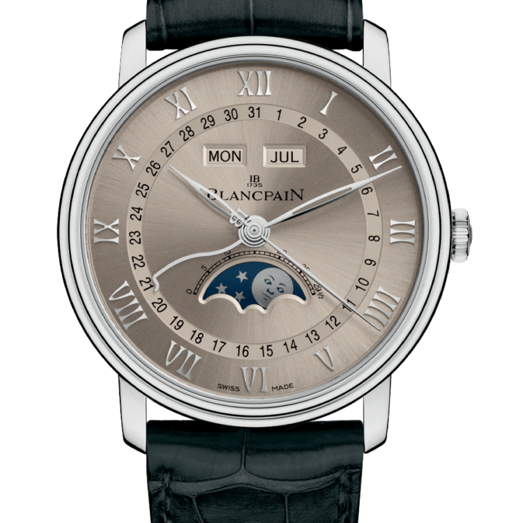 Blancpain Villeret Quantieme Complet White Gold Sundust Alligator Men's Watch - 6654 1504 55A