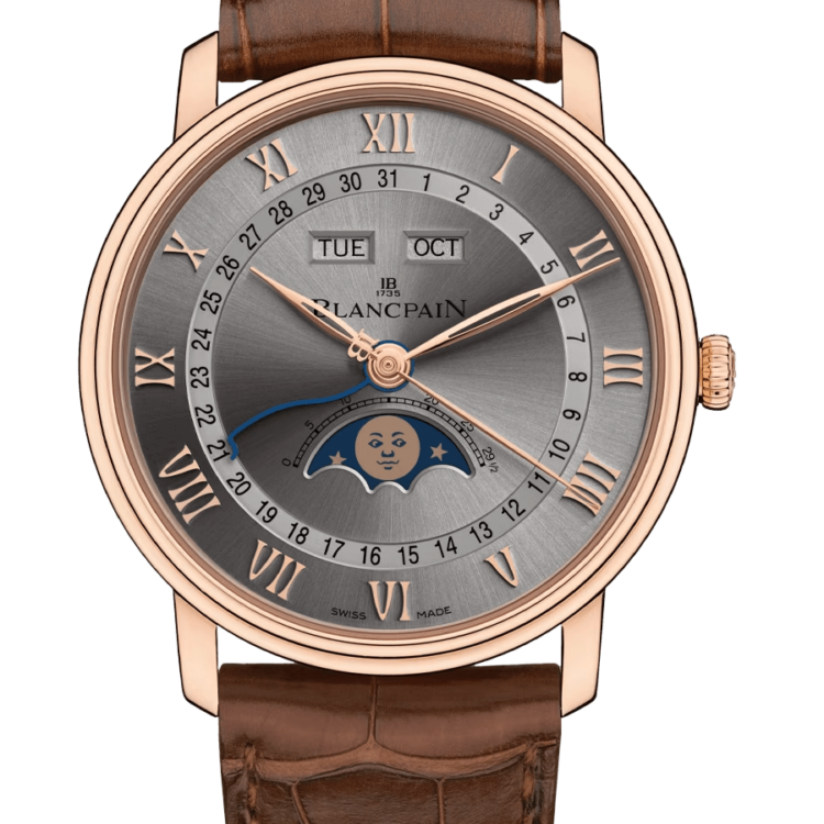 Blancpain Villeret Quantieme Complet Grey Red Gold Alligator Men's Watch - 6654 3613 55B