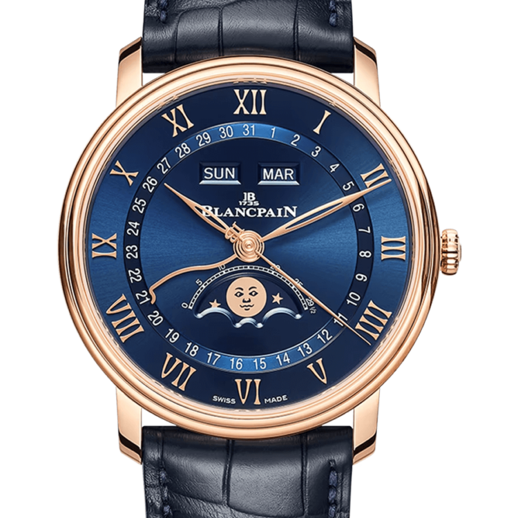 Blancpain Villeret Quantieme Complet Red Gold Blue Alligator Men's Watch - 6654 3640 55B