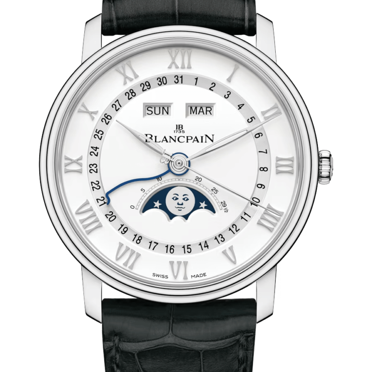 Blancpain Villeret Quantieme Complet Steel Black Alligator Men's Watch - 6654A 1127 55B