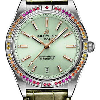 Breitling Chronomat Automatic 36 South Sea Watch - Stainless Steel (Gem-set) - Mint Green Dial - Green Alligator Leather Strap - Folding Buckle - A10380611L1P1