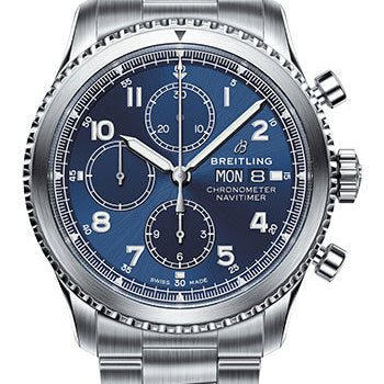Breitling Aviator 8 Chronograph 43 Watch - Steel Case - Blue Dial - Steel Professional III Bracelet - A13314101C1A1