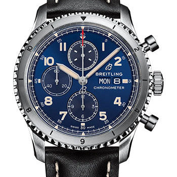 Breitling Aviator 8 Chronograph 43 Watch - Stainless Steel - Blue Dial - Black Calfskin Leather Strap - Tang Buckle - A13316101C1X1