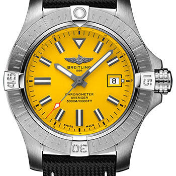 Breitling Avenger Automatic 45 Seawolf Watch - Stainless Steel - Yellow Dial - Anthracite Calfskin Leather Strap - Folding Buckle - A17319101I1X2