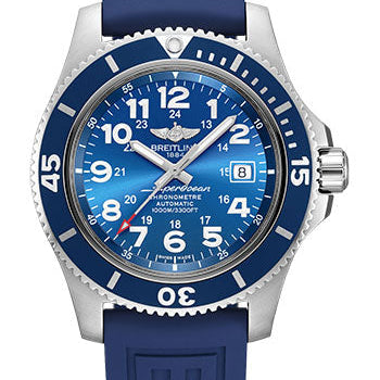 Breitling Superocean II 44 Watch - Steel - Gun Blue Dial - Blue Rubber Strap - Tang Buckle - A17392D81C1S1