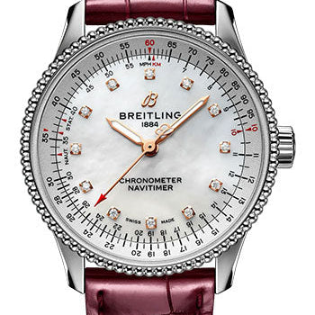 Breitling Navitimer Automatic 35 Watch - Stainless Steel - Mother-Of-Pearl Dial - Burgundy Alligator Leather Strap - Tang Buckle - A17395211A1P1