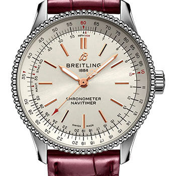 Breitling Navitimer Automatic 35 Watch - Stainless Steel - Silver Dial - Burgundy Alligator Leather Strap - Tang Buckle - A17395F41G1P1