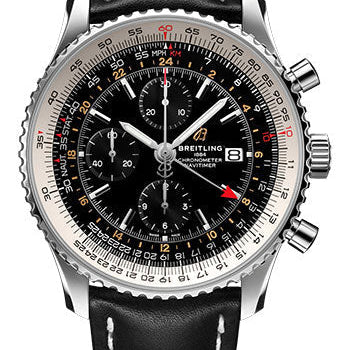 Breitling Navitimer Chronograph GMT 46 Watch - Steel - Black Dial - Black Leather Strap - Tang Buckle - A24322121B2X1