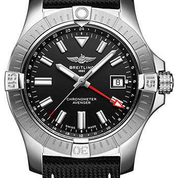 Breitling Avenger Automatic GMT 43 Watch - Stainless Steel - Black Dial - Anthracite Calfskin Leather Strap - Folding Buckle - A32397101B1X2