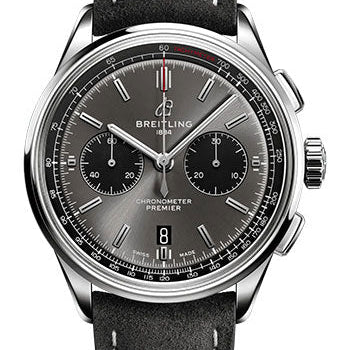 Breitling Premier B01 Chronograph 42 Watch - Stainless Steel - Anthracite Dial - Anthracite Calfskin Leather Strap - Tang Buckle - AB0118221B1X2