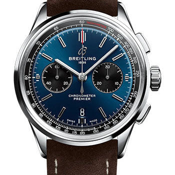 Breitling Premier B01 Chronograph 42 Watch - Stainless Steel - Blue Dial - Brown Calfskin Leather Strap - Tang Buckle - AB0118221C1X2