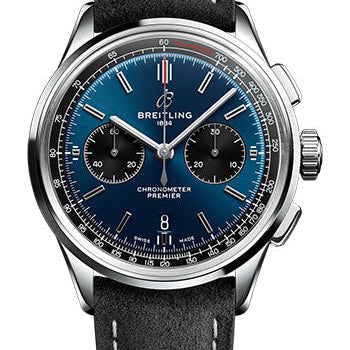 Breitling Premier B01 Chronograph 42 Watch - Stainless Steel - Blue Dial - Anthracite Calfskin Leather Strap - Folding Buckle - AB0118221C1X3