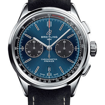 Breitling Premier B01 Chronograph Watch - 42mm Steel Case - Blue Dial - Anthracite Nubuck Strap - AB0118A61C1X2