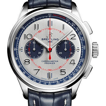 Breitling Premier B01 Chronograph 42 Bentley Mulliner Limited Edition Watch - Stainless Steel - Silver Dial - Blue Alligator Leather Strap - Tang Buckle Limited Edition of 1000 - AB0118A71G1P2